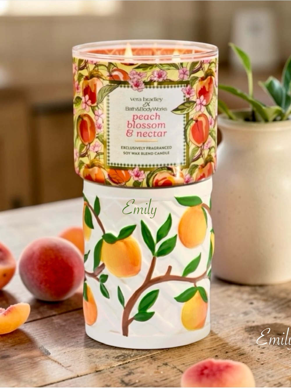 NEW 2-Pc BBW X Vera Bradley 
Pedestal with PEACH BLOSSOM &
NECTAR 3-Wick Candle